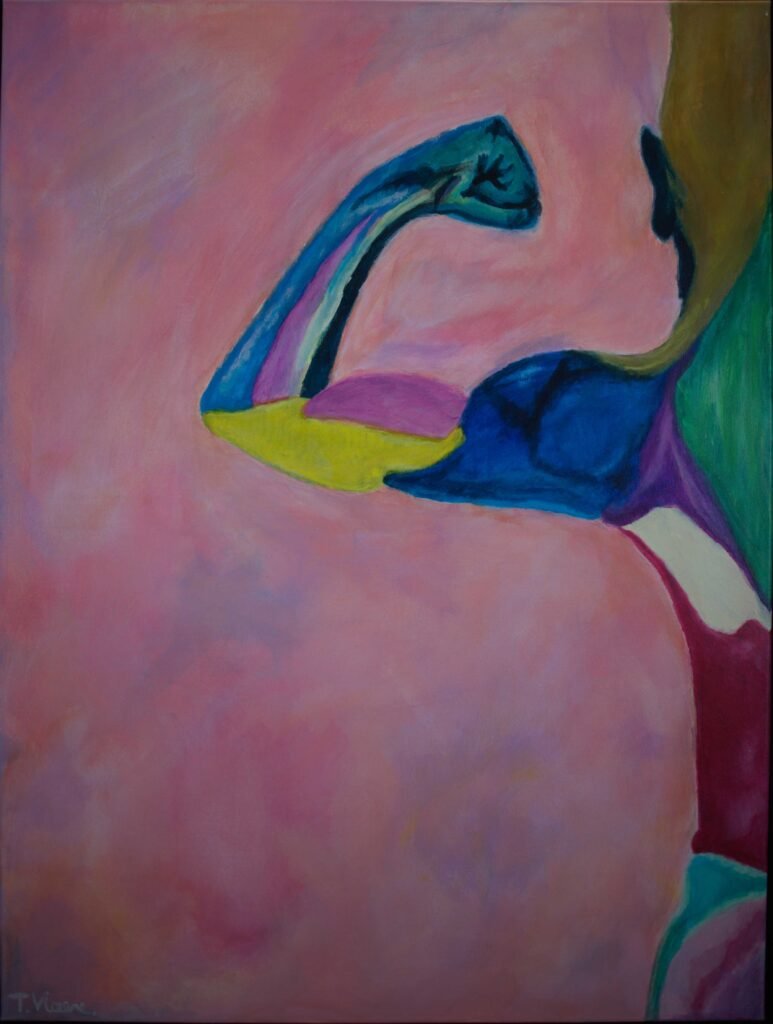 Abstracte figuur opgebouwd uit krachtige vormen die fysieke en innerlijke sterkte uitstralen.