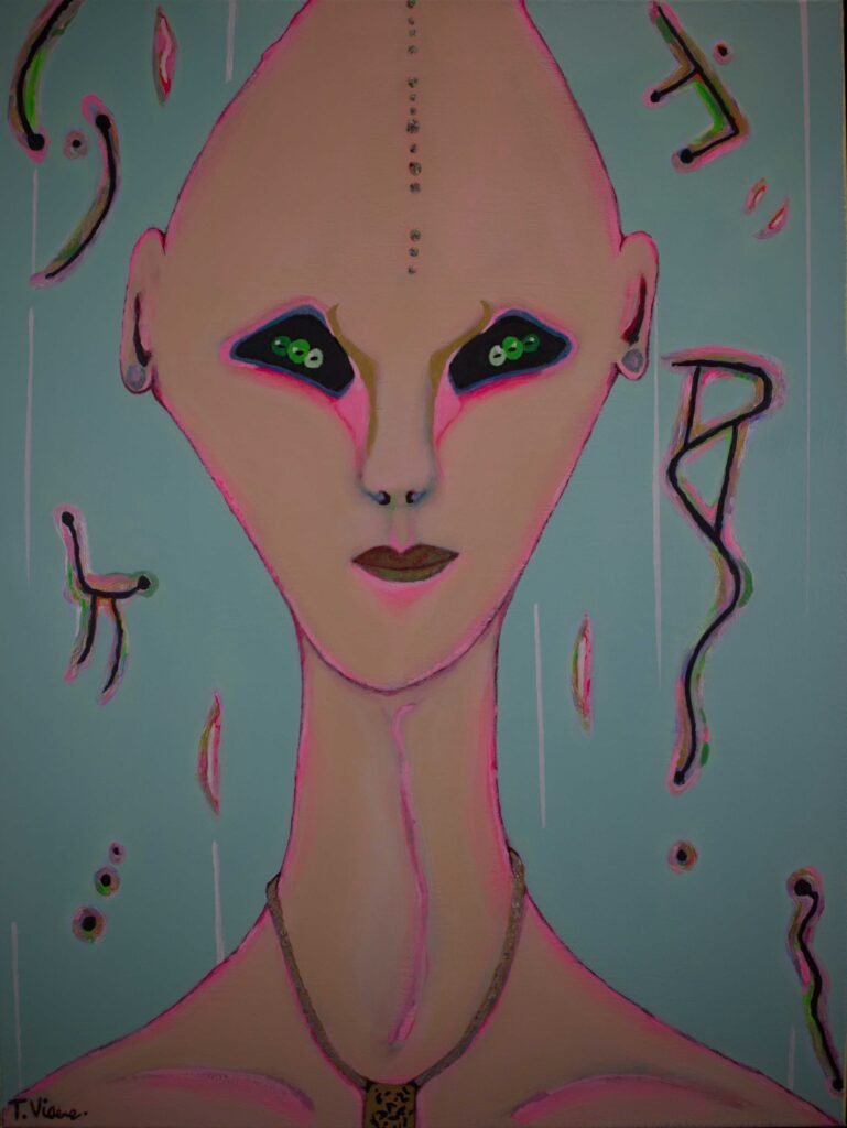 Abstracte figuur die een buitenaards wezen suggereert, balancerend tussen mens en kosmos.