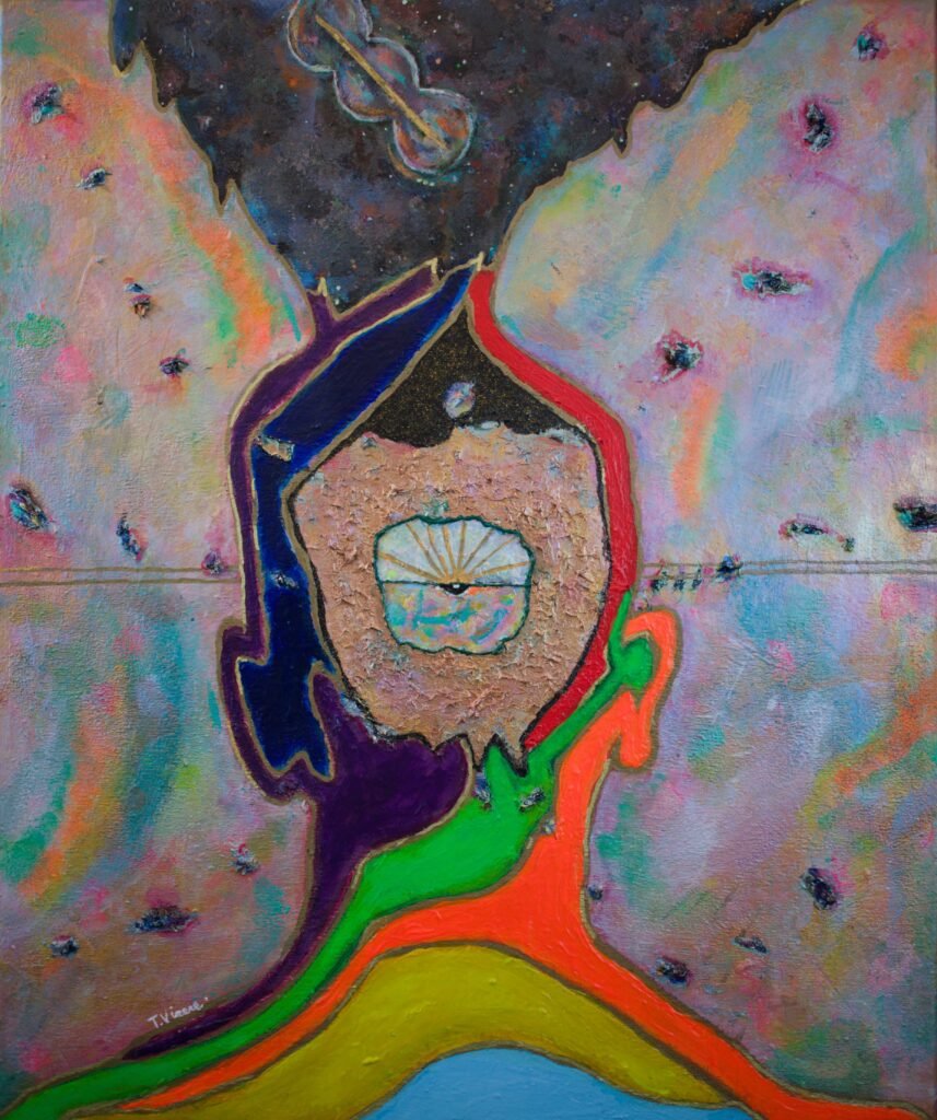 Figuur met een stralend innerlijk oog in een kosmische omgeving, symbool voor energie in het hier en nu.