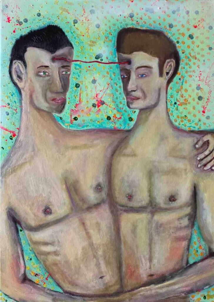 Twee mannen in een innige omhelzing met een rode draad tussen hun voorhoofden, symbool voor liefde, gedachten lezen en zware tijden.