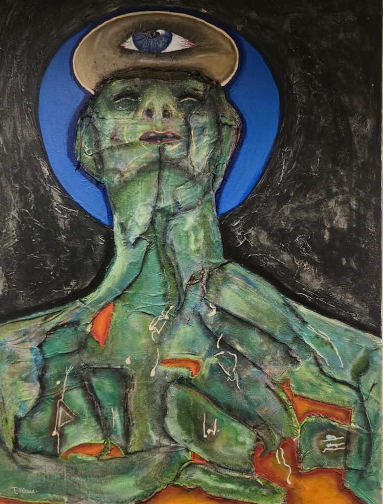 Groene figuur met wonden en een waakzaam innerlijk oog boven het hoofd dat duisternis tegenhoudt.