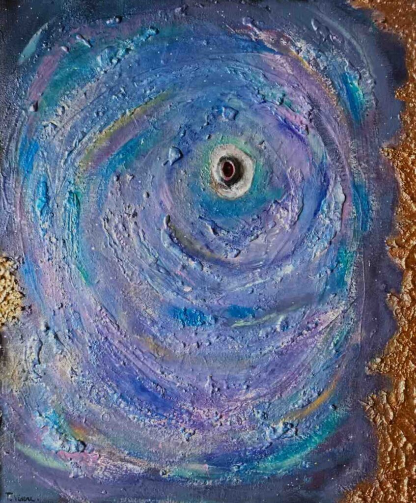 Blauw‑paarse spiraal met een centraal oog en gouden randen, symbool voor turbulente gedachten.